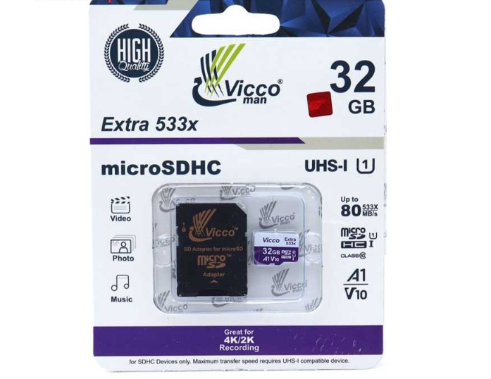 کارت حافظه میکرو ۳۲ گیگ ویکومن Vicco Man Extra 533x UHS-U1 80MB/s با خشاب